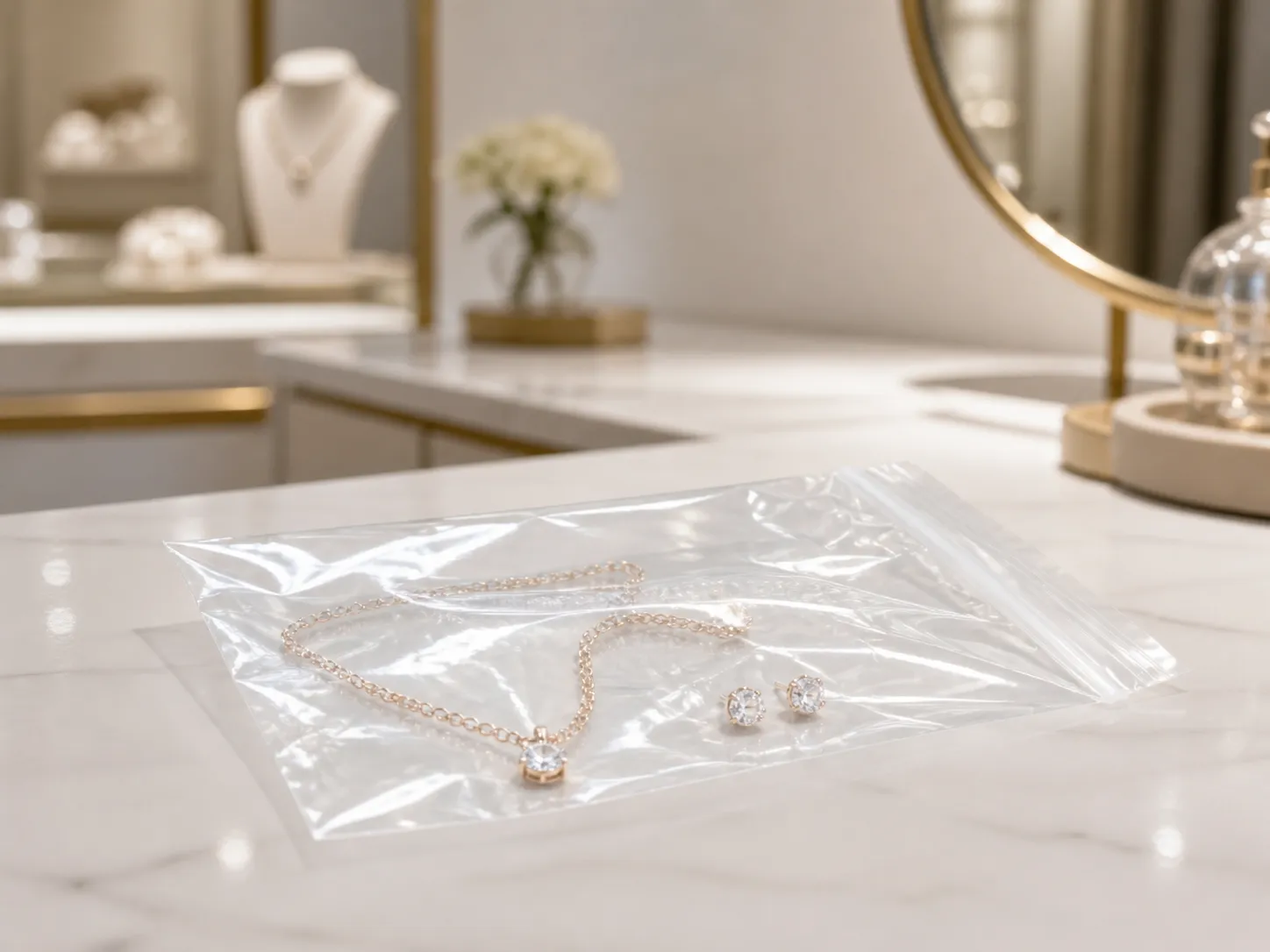 ถุงซิปล็อคใสใส่เครื่องประดับขายปลีก · reclosable zipper bag protecting a retail jewellery item