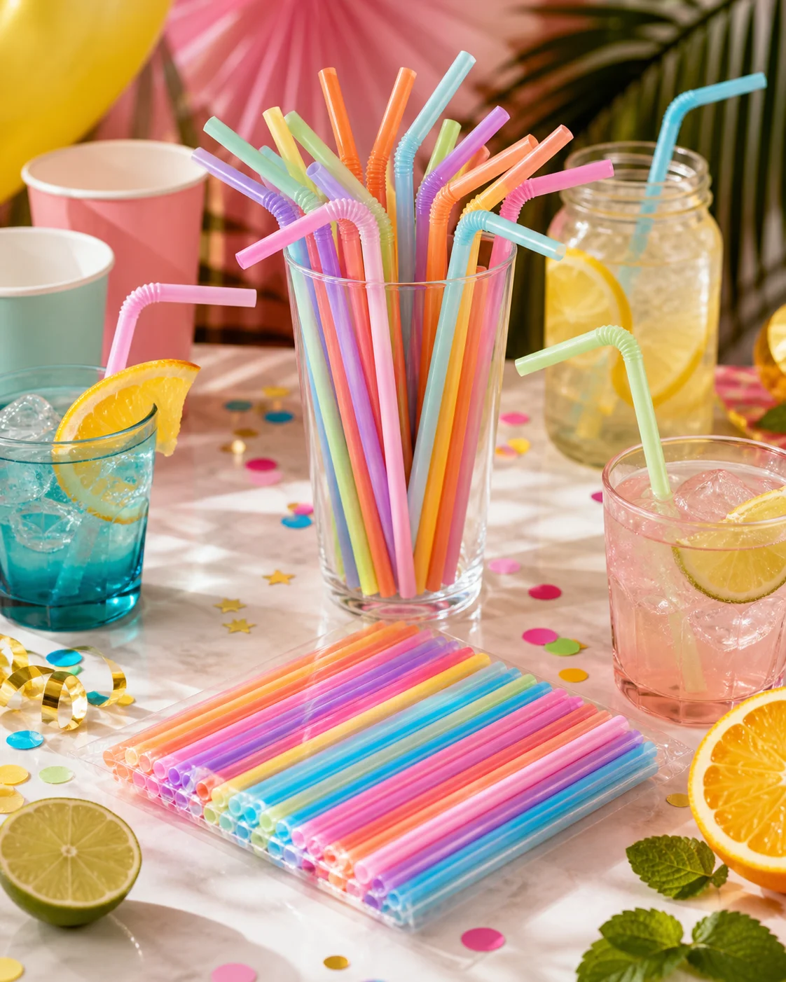หลอดพลาสติกพาสเทลหลายสีสำหรับร้านเครื่องดื่ม · collection of pastel plastic drinking straws